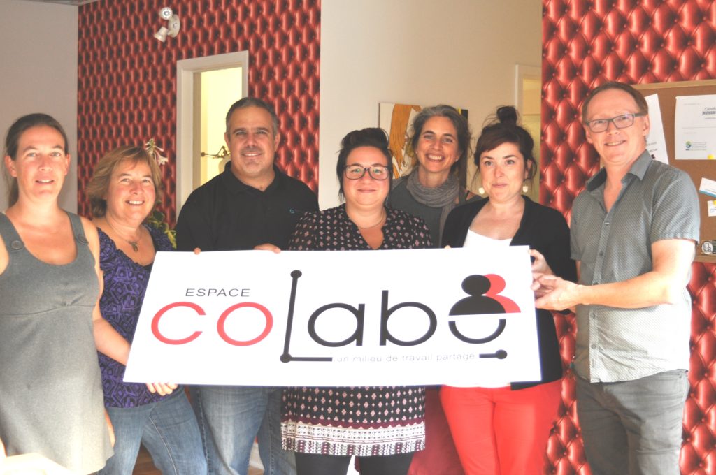 Quelques travailleurs ont déjà emboîté le pas. De gauche à droite, Nancy Paquin, Martine Labelle, Dominique Rheault, Marie-Ève Guillot, Anny Champoux, agente de développement local et communications au Carrefour jeunesse-emploi Laurentides, Jacynthe Duval et Marc-André Caron, directeur général du Carrefour jeunesse-emploi Laurentides. - Photo TC Media - Daniel Deslauriers