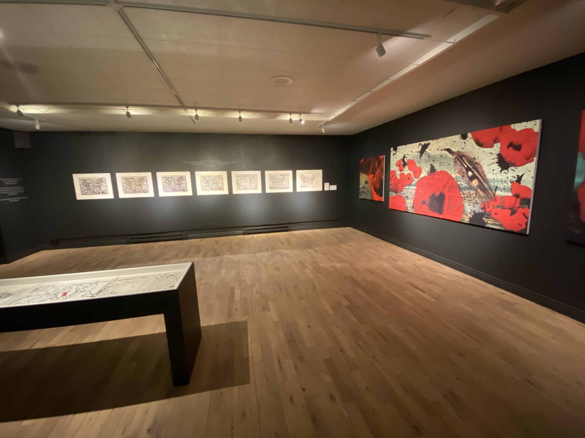 Une salle d'exposition aux murs noirs et plancher de bois brun avec des oeuvres de Riopelle sur les murs.